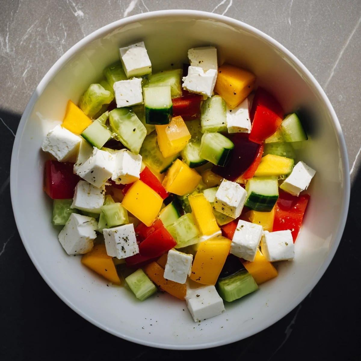 A close-up of the Cube Geometry Study salad—vibrant cubes of fruit, veggies and feta drizzled with dressing.