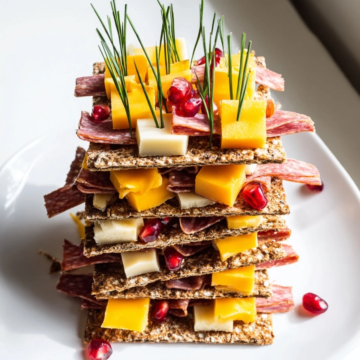 Layered Urban Skyline appetizer: A visually stunning arrangement of cheese, meats, and crackers, beautifully stacked.