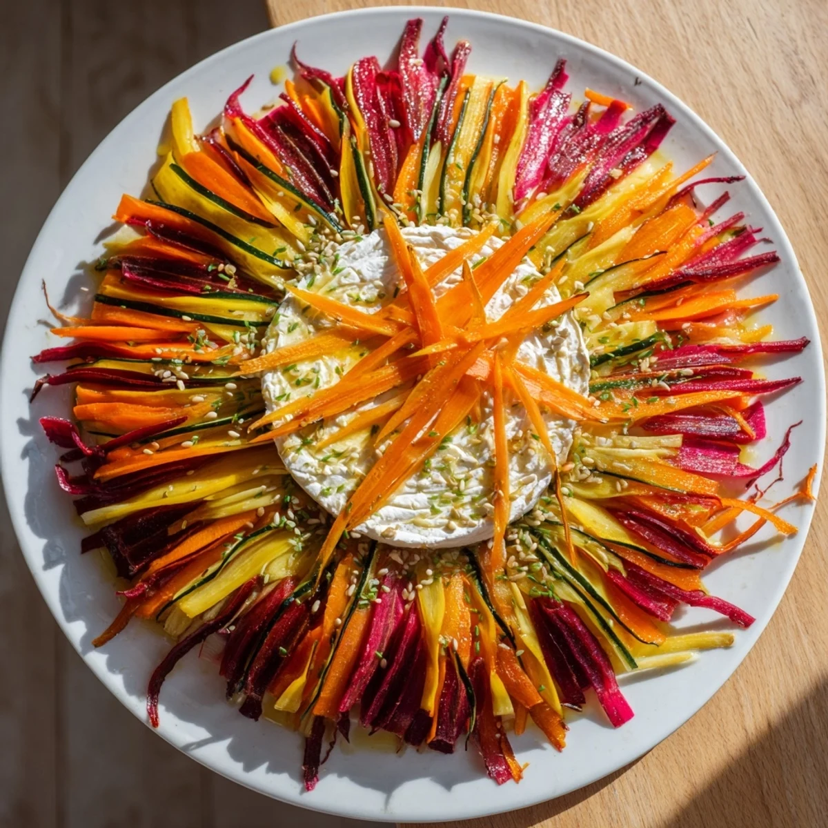 Vibrant Radial Symmetry Sunburst salad, showcasing colorful, thinly sliced vegetables radiating from creamy goat cheese.