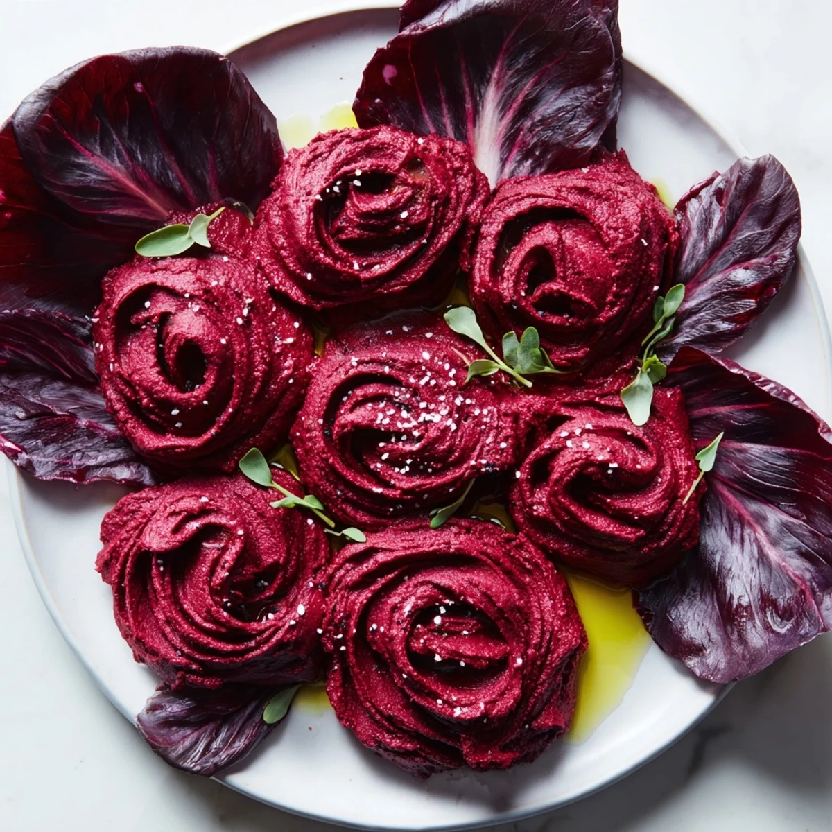 Artfully crafted The Velvet Rose appetizer features a swirl of beet hummus, perfect for elegant gatherings.