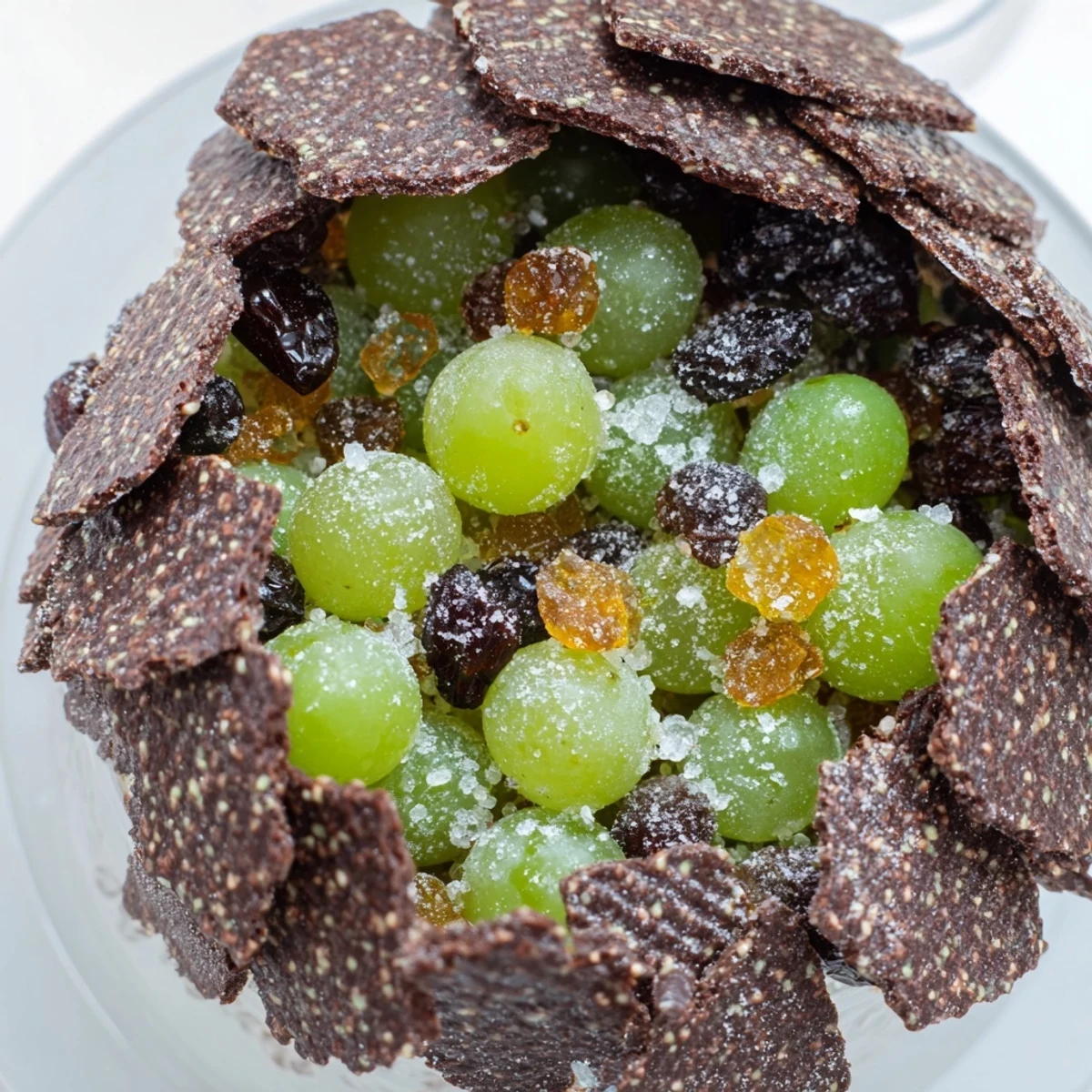 Sparkling green grapes glitter nestled inside The Crystal Cave made of dark chocolate wafers.