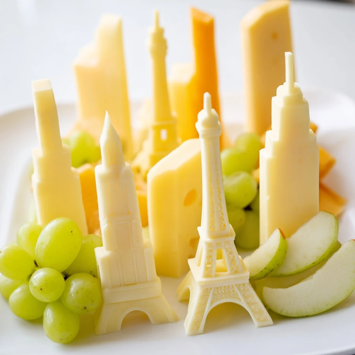 Enjoy the Skyline Silhouette cheese creation: a colorful appetizer for your next party, complete with grapes.