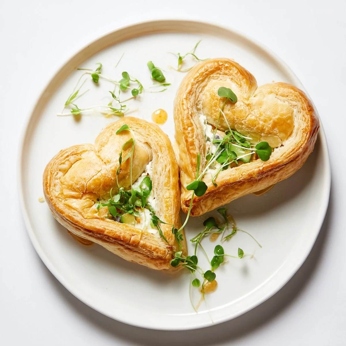 Golden Cœurs Entrelacés appetizer, puff pastry hearts with creamy goat cheese and sweet roasted peppers.