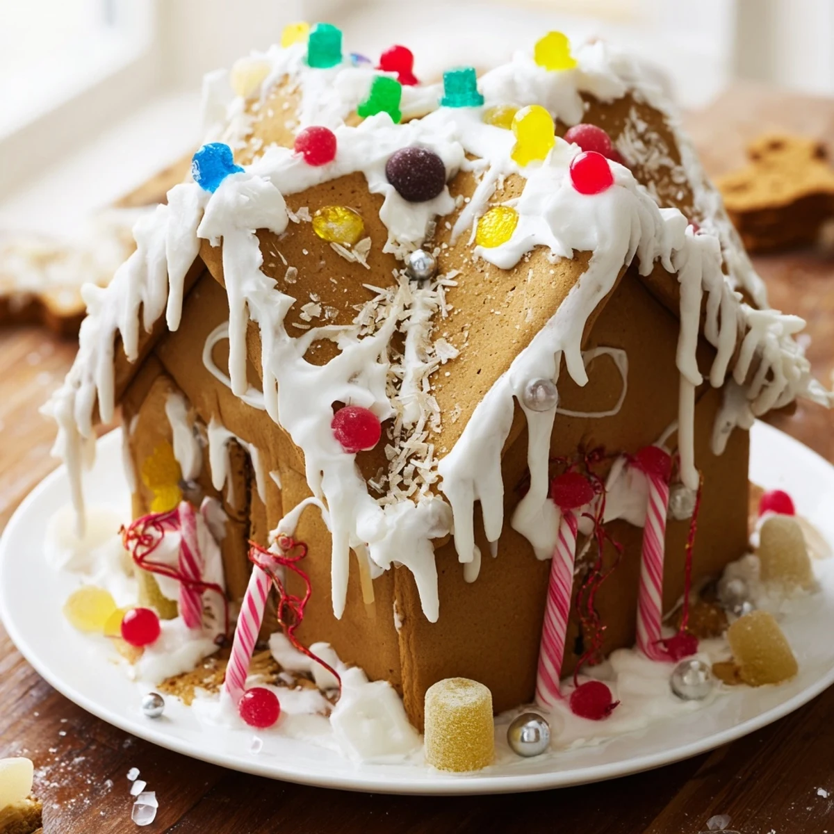 Festive photo of a decorated gingerbread house, ready to enjoy during the holidays.