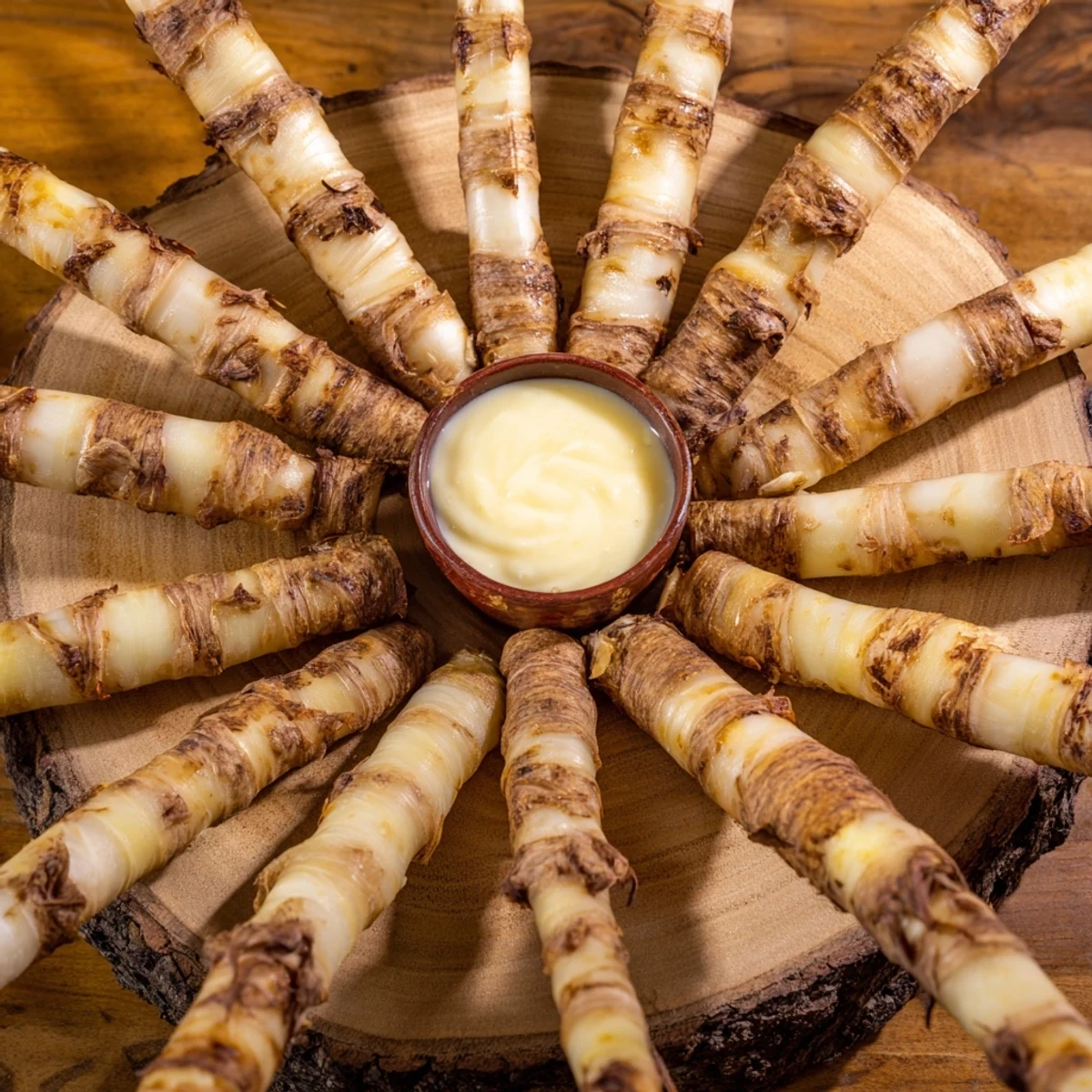 The rustic wheel appetizer: a beautifully arranged platter with celery and savory meat sticks.