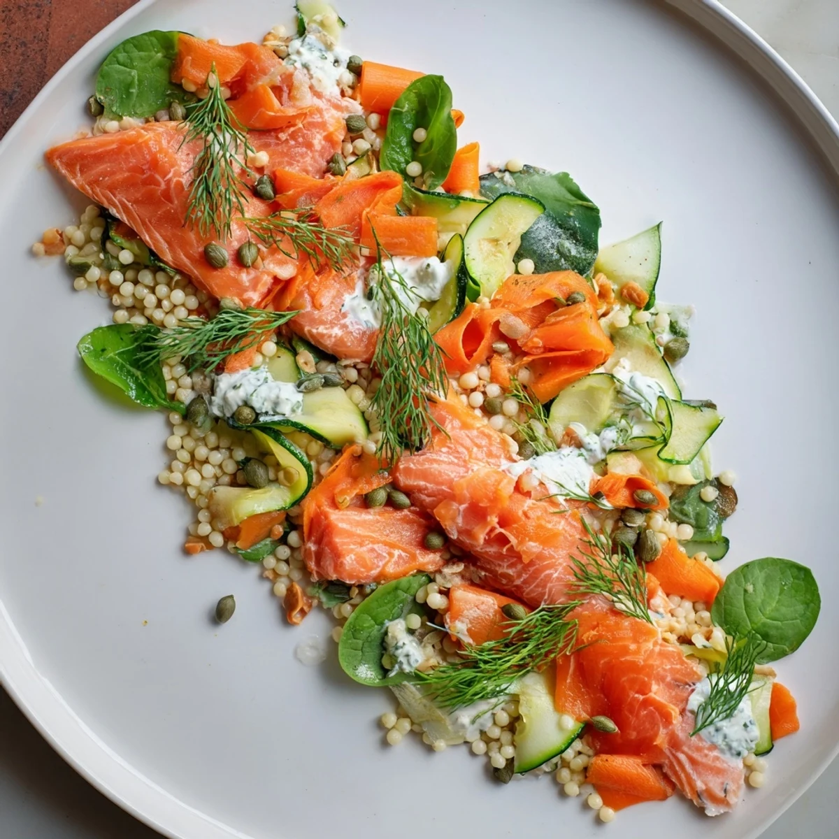 Elegant plating of The Infinity Loop Flow dish, showcasing salmon, fresh vegetables, and couscous.