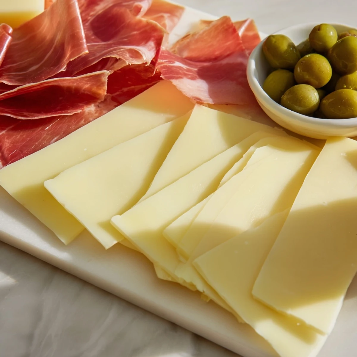 Elegant Minimalism Master cheese board: aged Comté, Iberian ham, and olives, ready to serve.