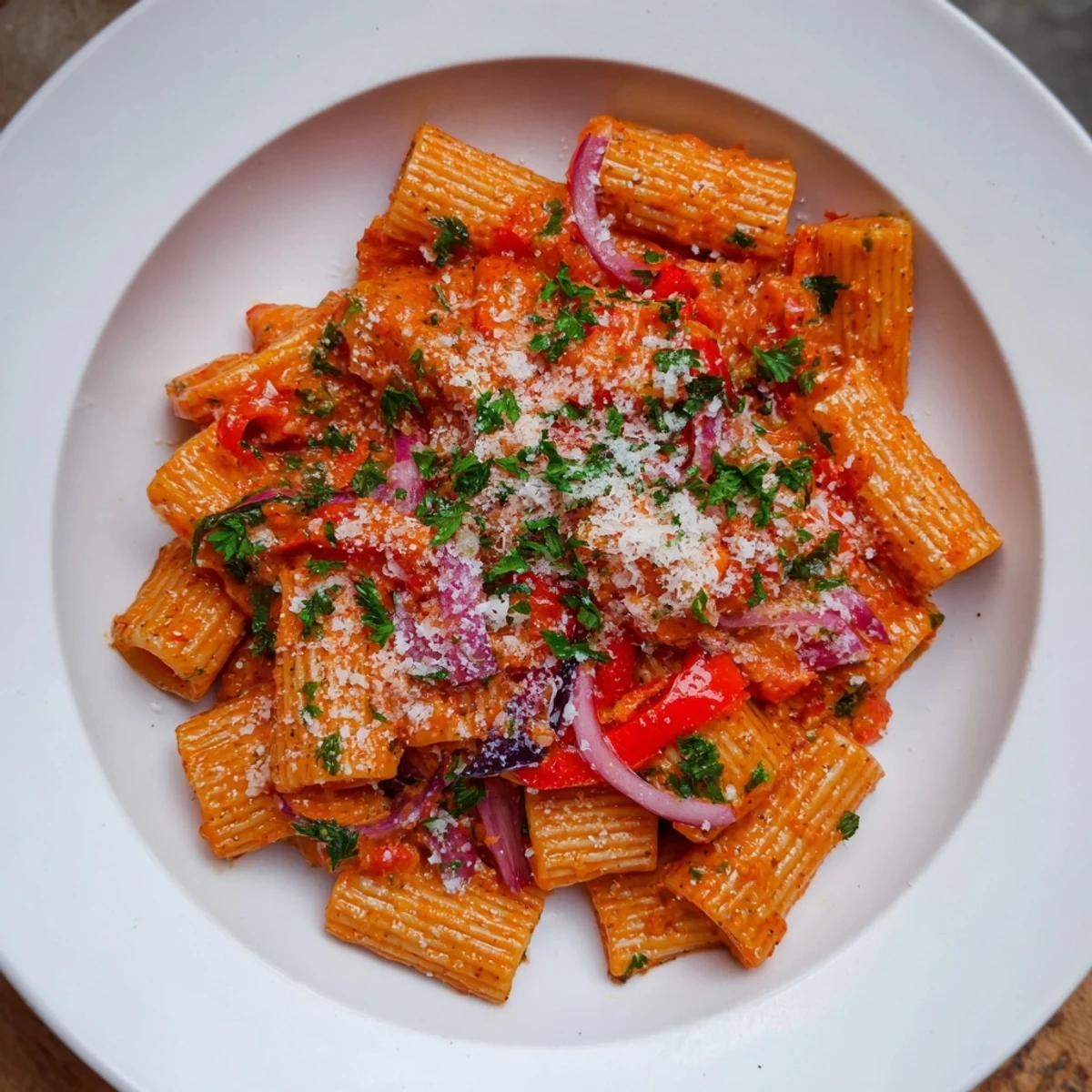 A steaming bowl of vibrant One-Pot Diavola Spicy Pasta garnished with fresh parsley and Parmesan.