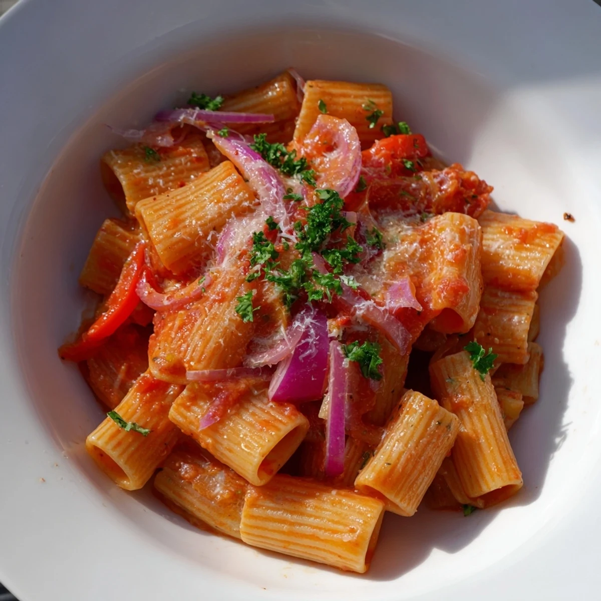 Close-up of the delicious One-Pot Diavola Spicy Pasta showing perfectly cooked penne and a rich tomato sauce.