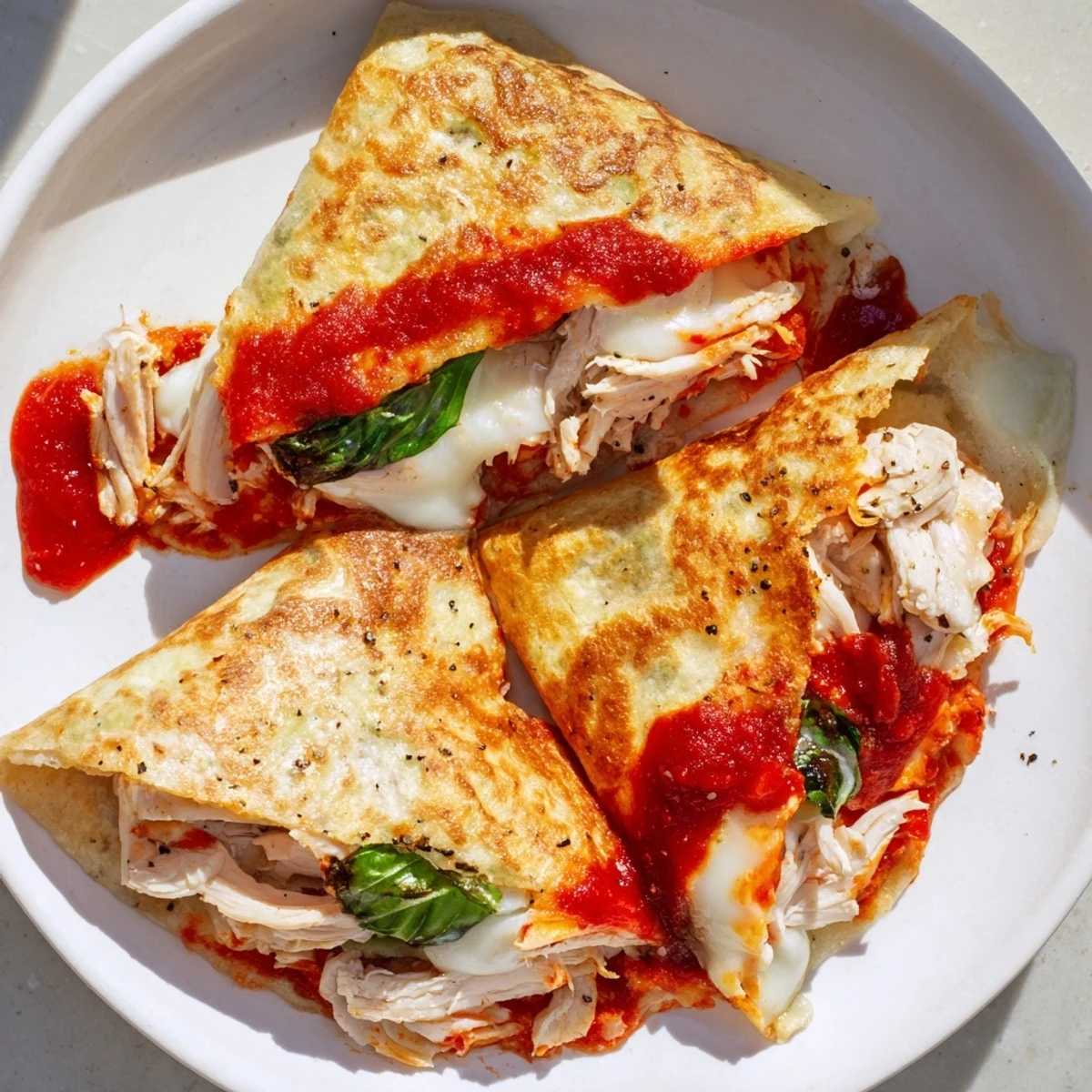 Golden brown and crispy Tortilla Pizza Wrap with Chicken, filled with melted mozzarella and marinara.