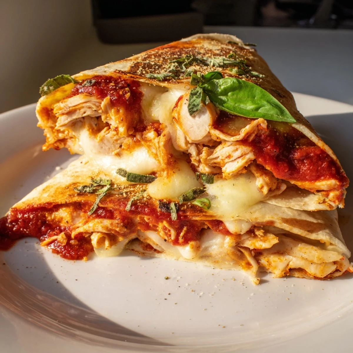 A close-up of a folded Tortilla Pizza Wrap with Chicken showing melted cheese and delicious fillings.