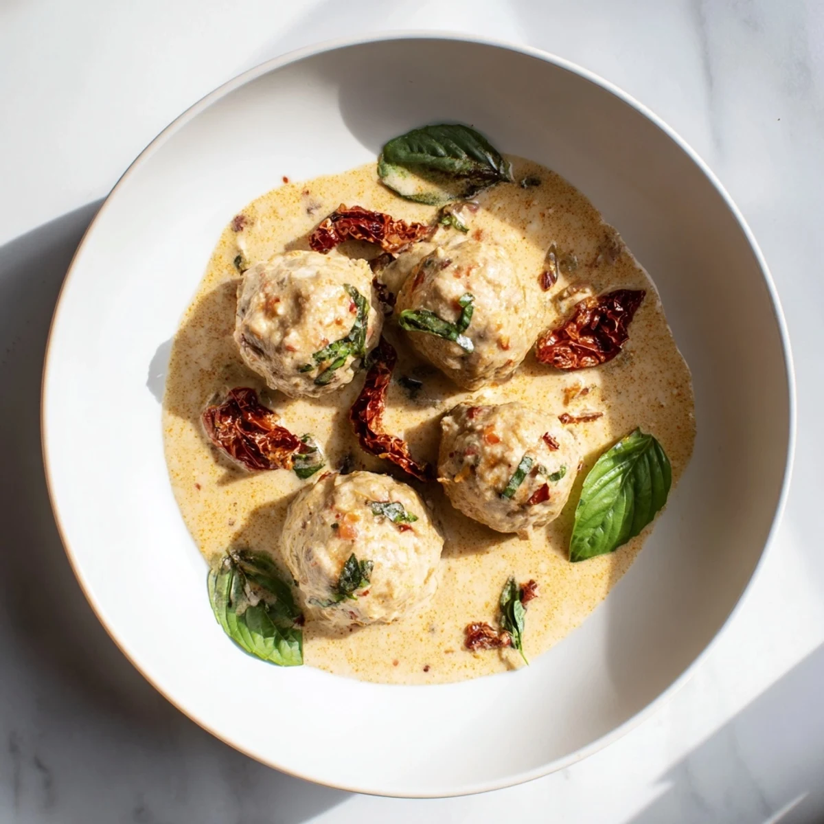 Golden-brown Marry Me Chicken Meatballs swimming in a creamy, sun-dried tomato sauce, ready to serve.