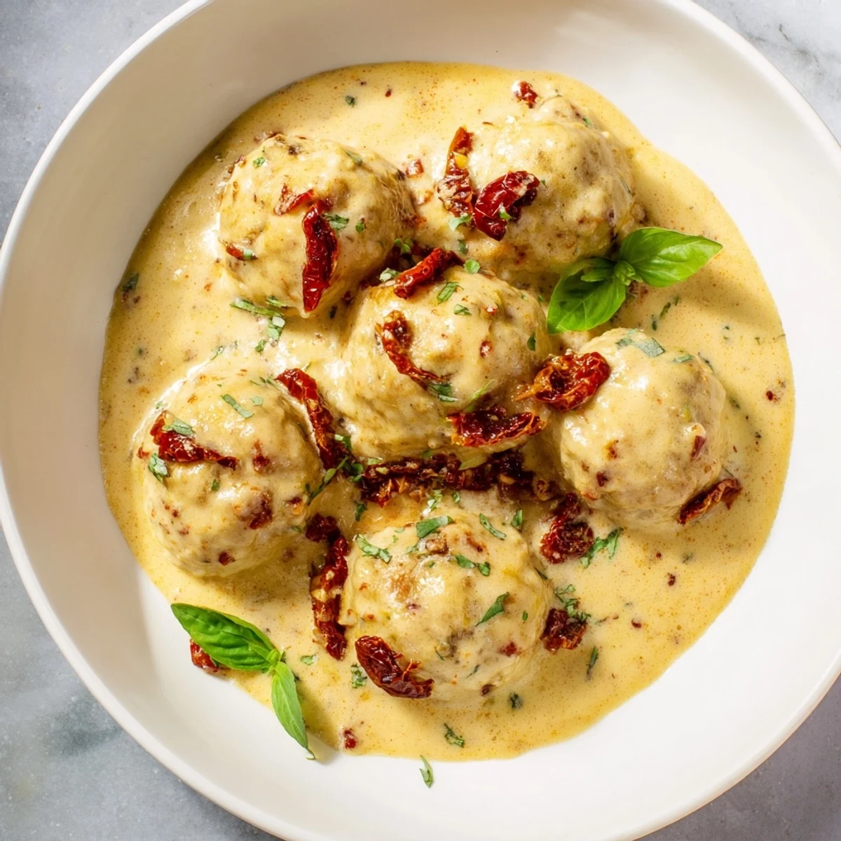 Luscious Marry Me Chicken Meatballs over pasta, the creamy sauce coating each perfectly cooked meatball.