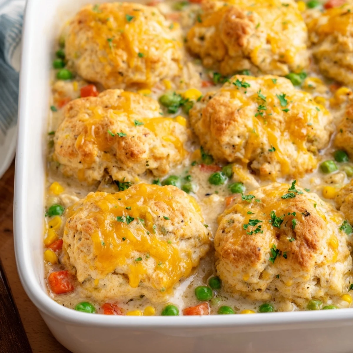 A warm, savory Chicken Cobbler with Red Lobster biscuits, perfect for a comforting family meal.