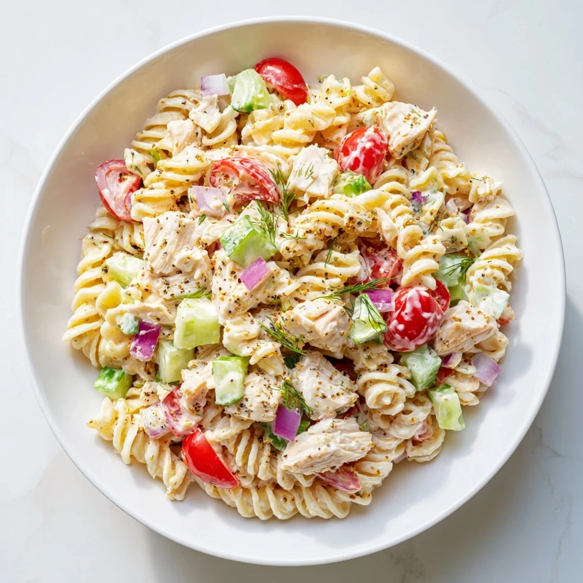 Delectable Everything Bagel Chicken Pasta Salad, a creamy, savory salad perfect for a summer picnic.