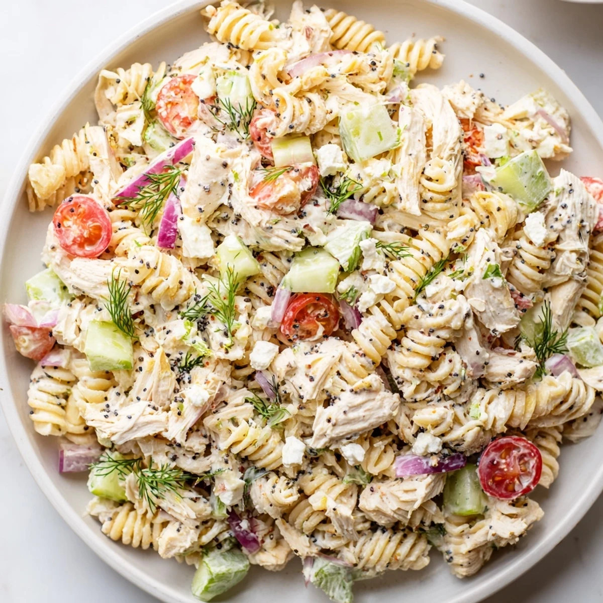 Everything Bagel Chicken Pasta Salad, bursting with fresh veggies and creamy dressing, ready to enjoy.