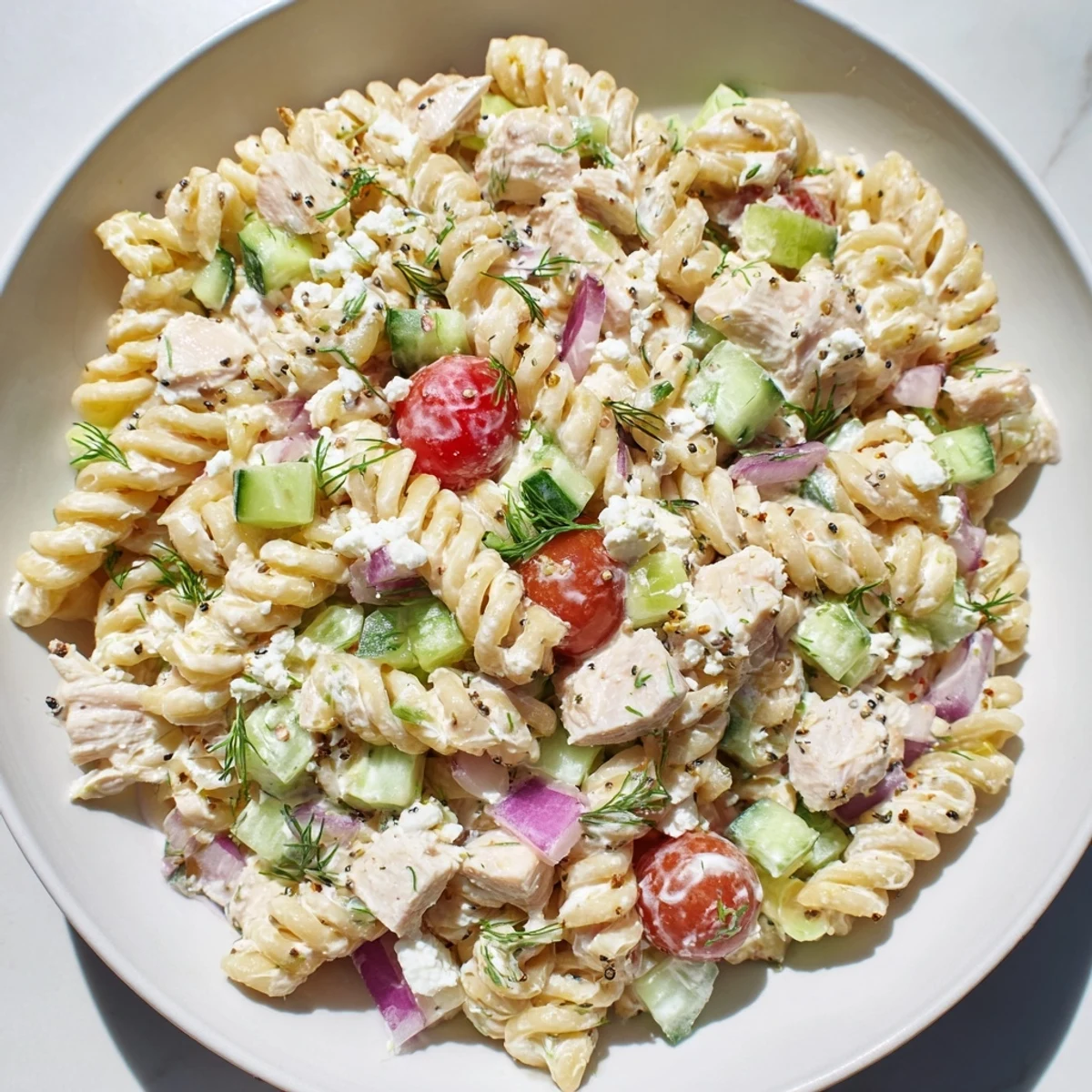 This colorful Everything Bagel Chicken Pasta Salad includes shredded chicken, herbs, and vibrant tomatoes.