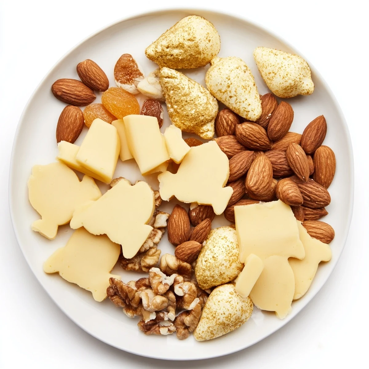 Golden-dusted almonds and acorn-shaped cheese on the Gilded Acorn charcuterie board, visually stunning.
