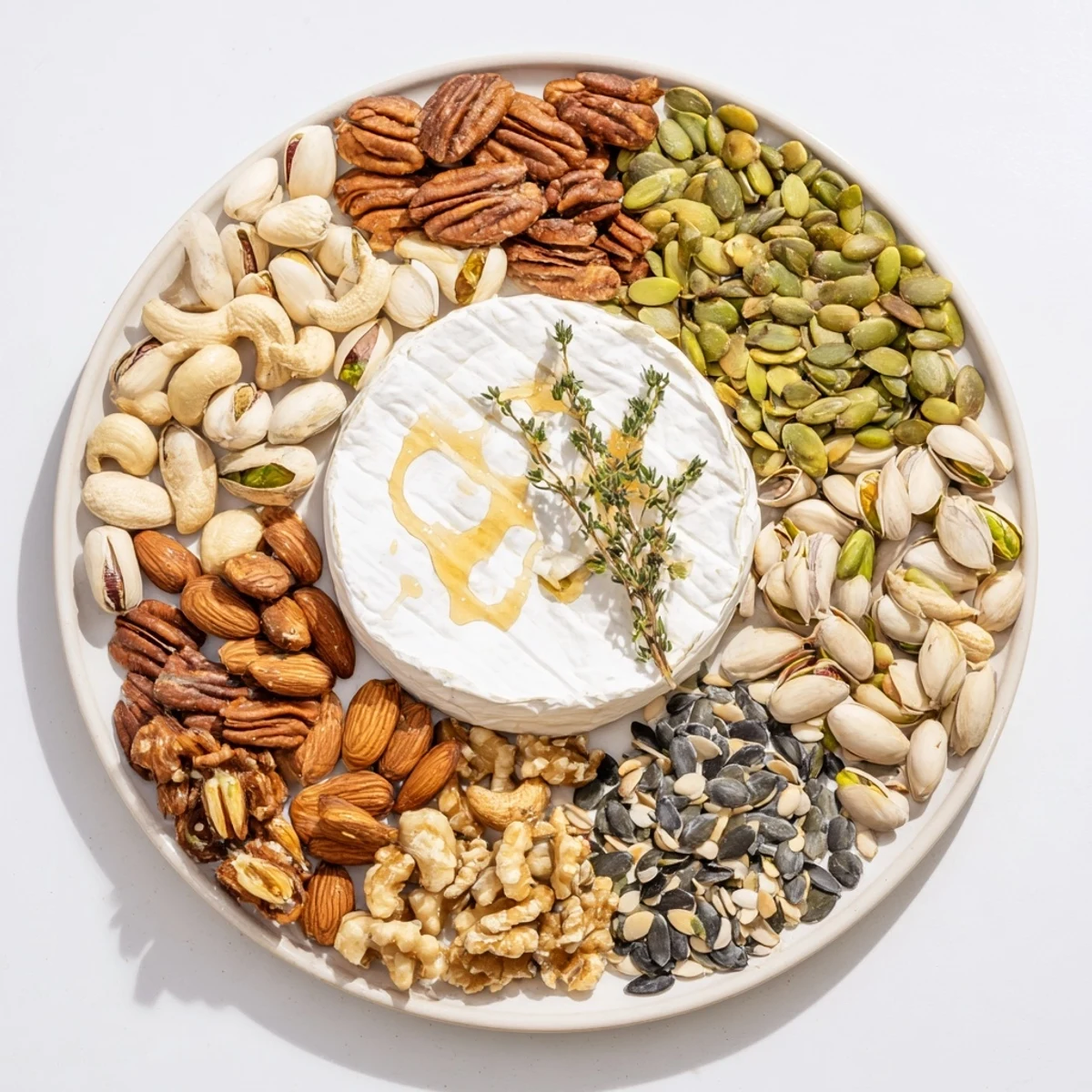 Appetizing The Labyrinth grazing platter, showcasing a winding path of seeds and nuts around soft Brie.