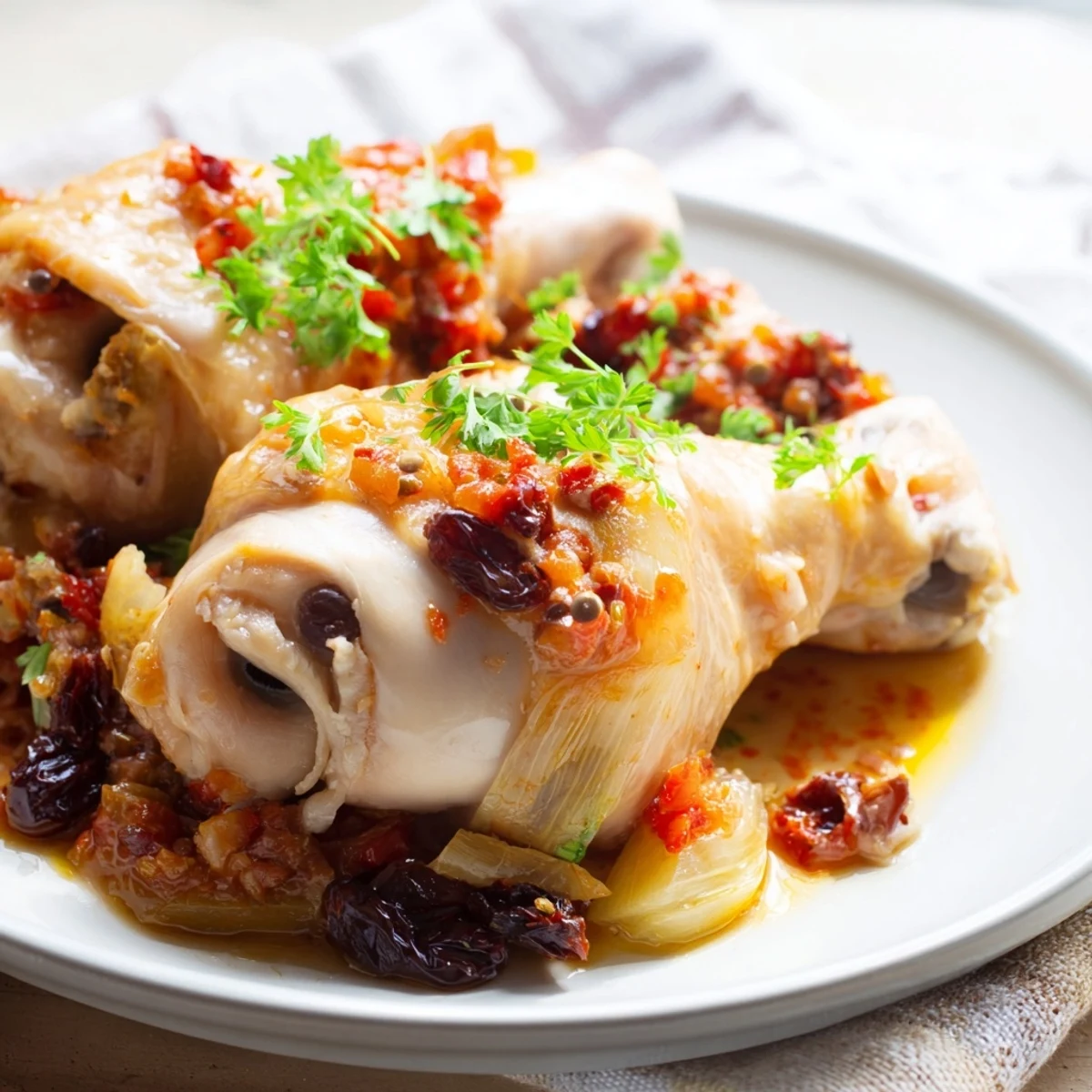 Golden chicken thighs and vegetables in a rich sauce characterize this Georgia Pot Roast Chicken.