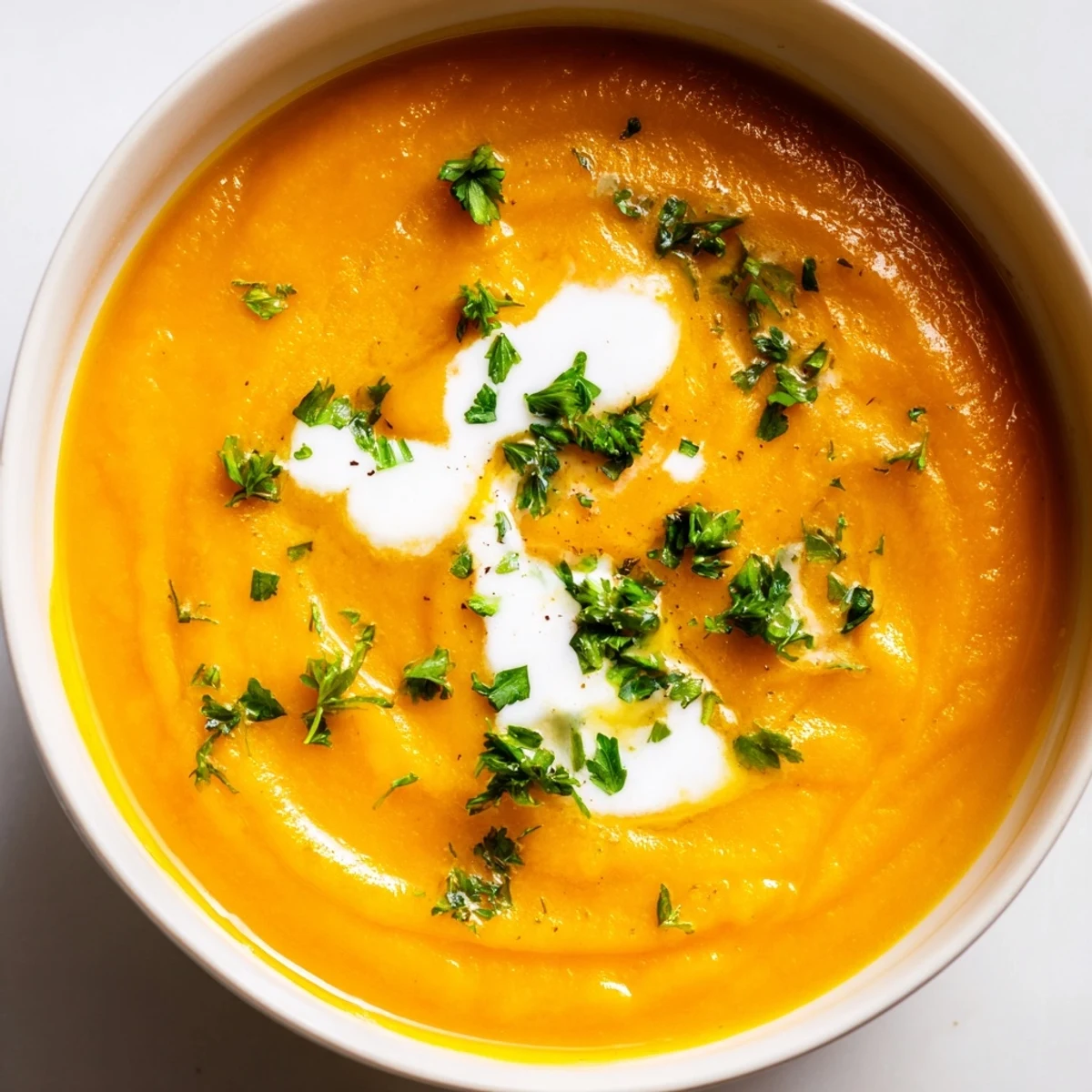 Creamy Sweet Maple Carrot Soup, garnished with parsley and a swirl of coconut milk, looks inviting.