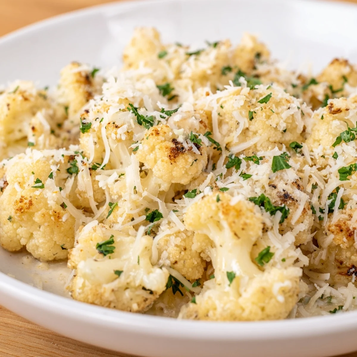 A bubbly casserole of Cheesy Cauliflower Mac with a golden cheesy topping, ready to eat.