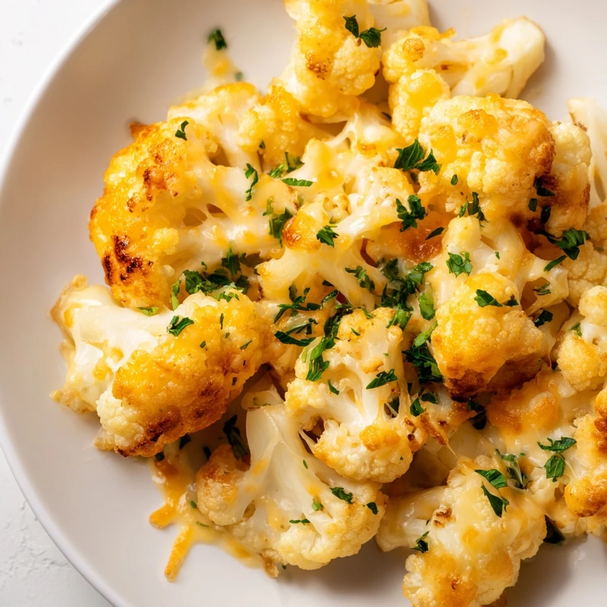 Golden-brown, cheesy Cheesy Cauliflower Mac served on a plate, perfect for a low-carb satisfying dinner.