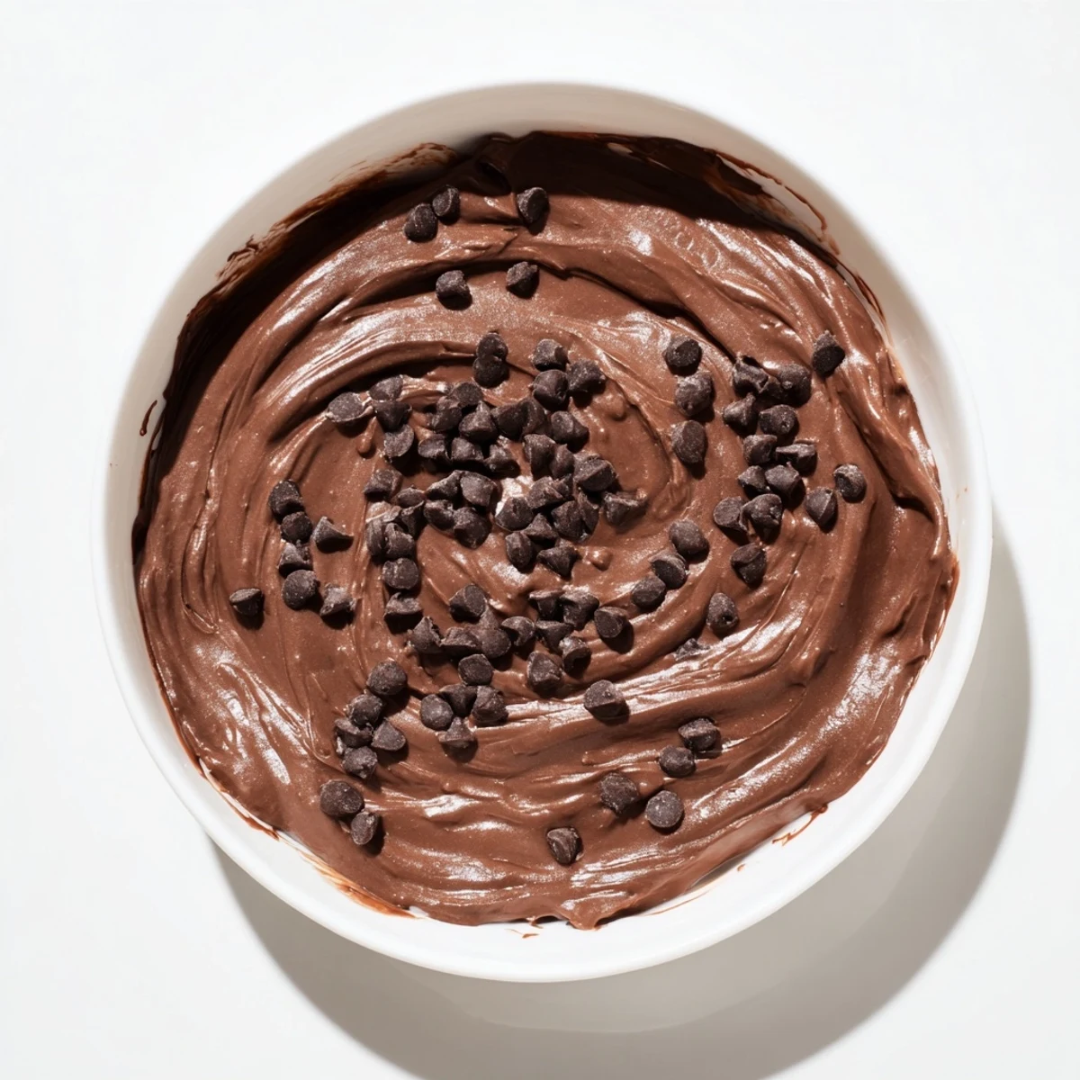 A close-up shot of decadent brownie batter dip, full of chocolate chips, served with fresh fruit.