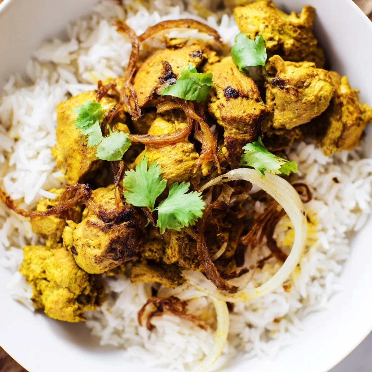 Steaming one-pot Easy Chicken Biryani with fluffy rice, tender chicken, and vibrant, colorful spices.