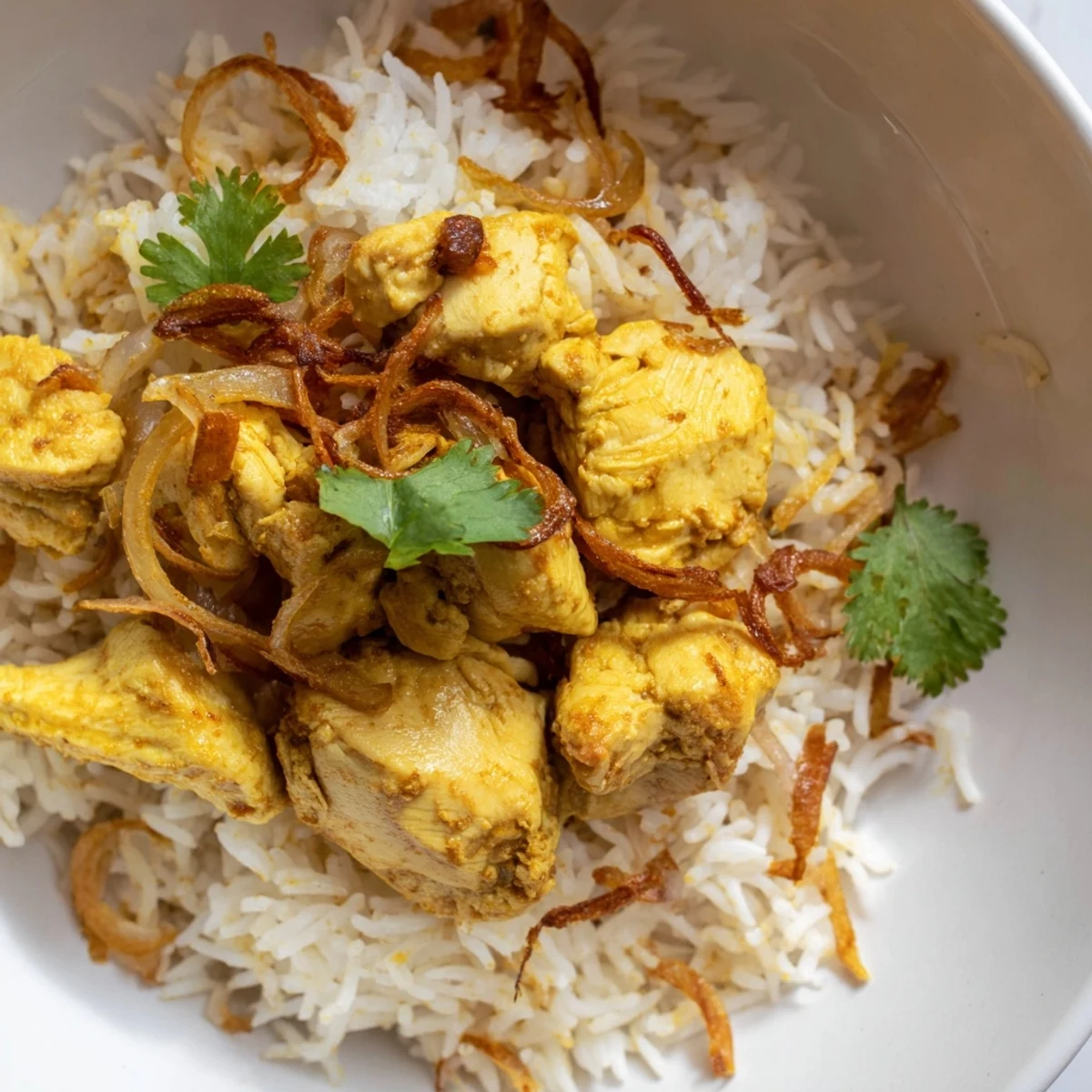 Close-up of freshly cooked Easy Chicken Biryani, a mouthwatering, gluten-free Indian rice and chicken dish.