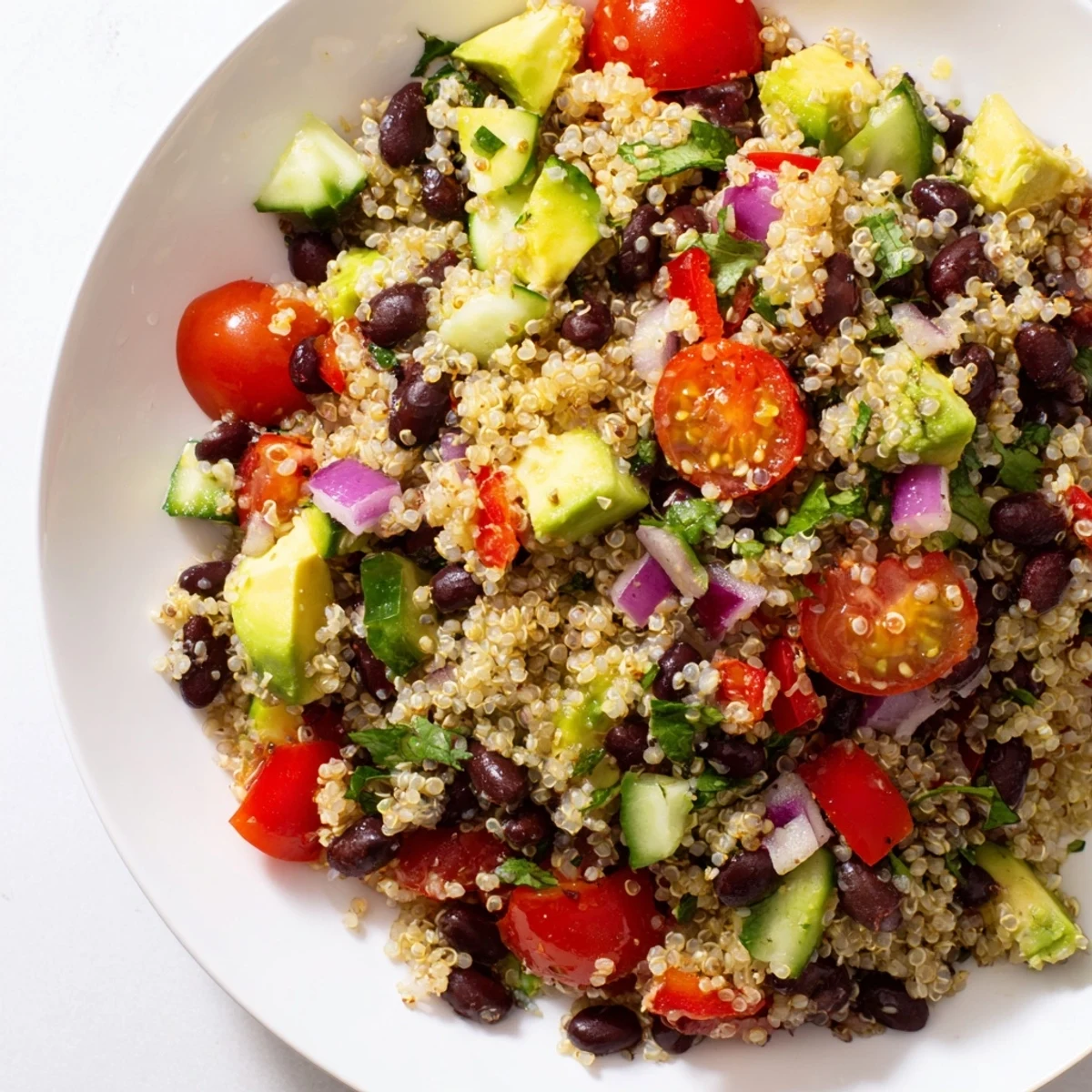 A refreshing close-up of Quinoa Black Bean Salad features diced vegetables and protein-rich beans.