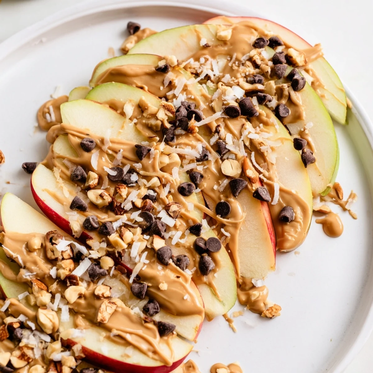 Sweet drizzle of honey adorns these colorful Peanut Butter Apple Nachos, a fun and easy snack.