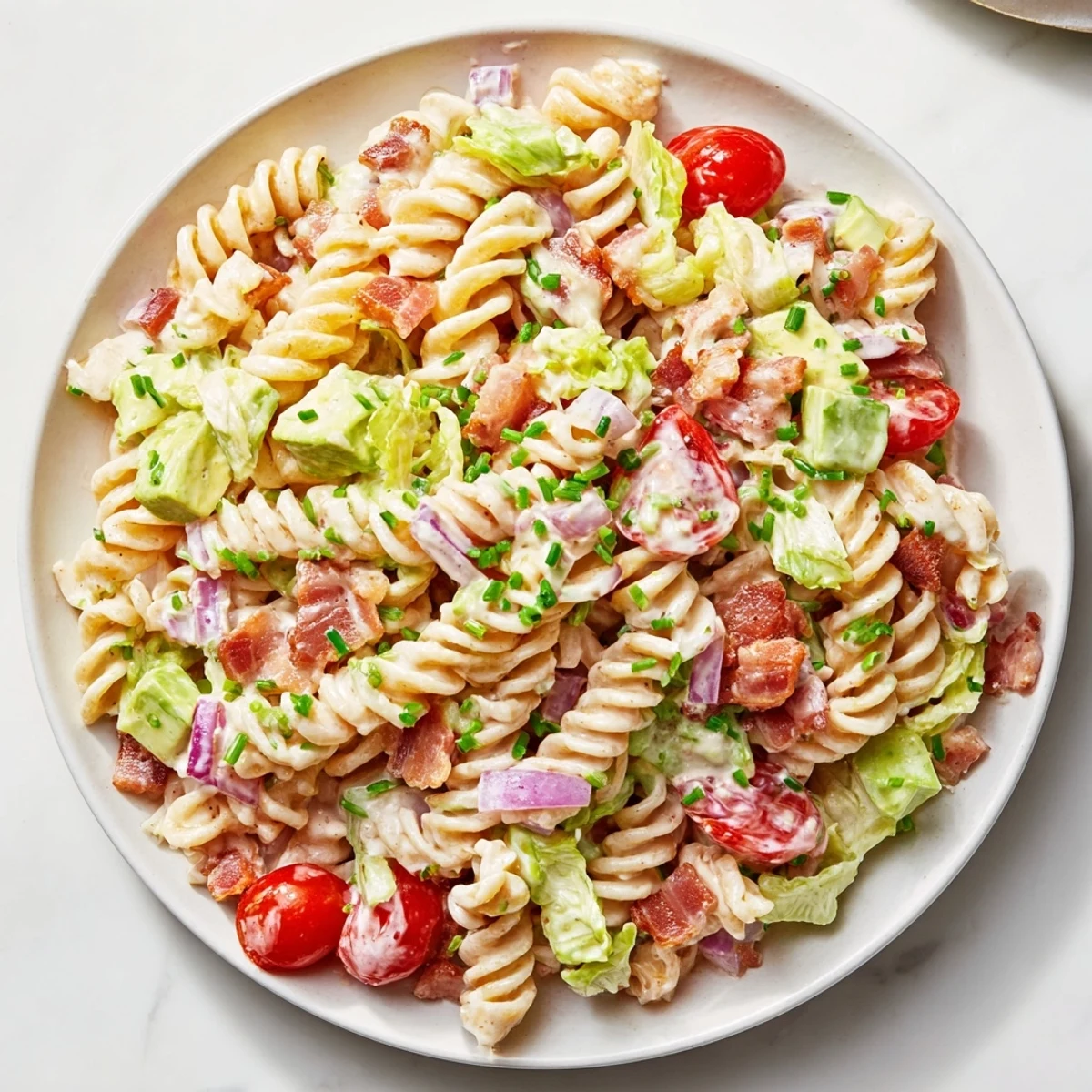 BLT Pasta Salad, overflowing with crispy bacon, is paired with fresh tomatoes and creamy dressing.