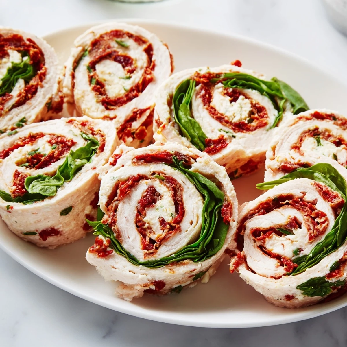 Close-up of appetizing sun-dried tomato turkey roll-ups reveal a colorful, layered inside for a delicious appetizer.