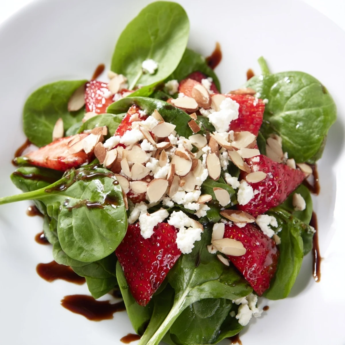 A stunning Strawberry Spinach Salad with bright red strawberries atop fresh spinach.