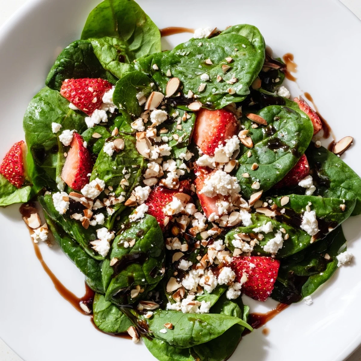 This vibrant Strawberry Spinach Salad has crumbled feta cheese and toasted almonds, ready to enjoy.