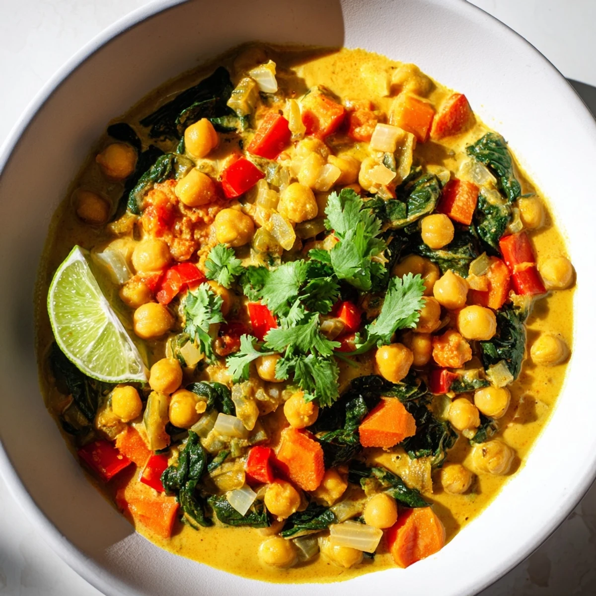 Creamy Chickpea Curry with vibrant cilantro garnish, served with fluffy white rice.