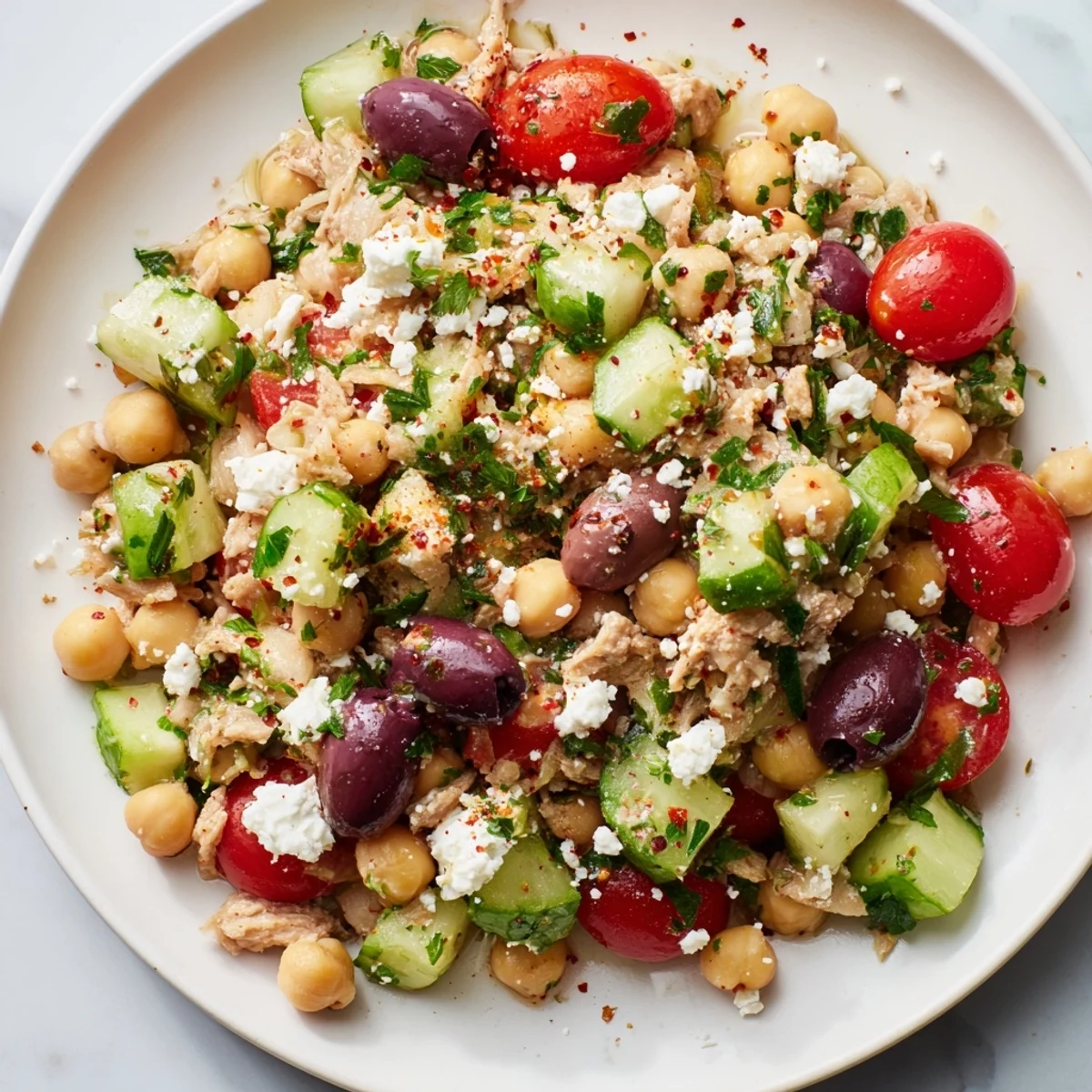 Vibrant Tuna Chickpea Salad overflowing with colorful tomatoes and a bright lemon dressing.