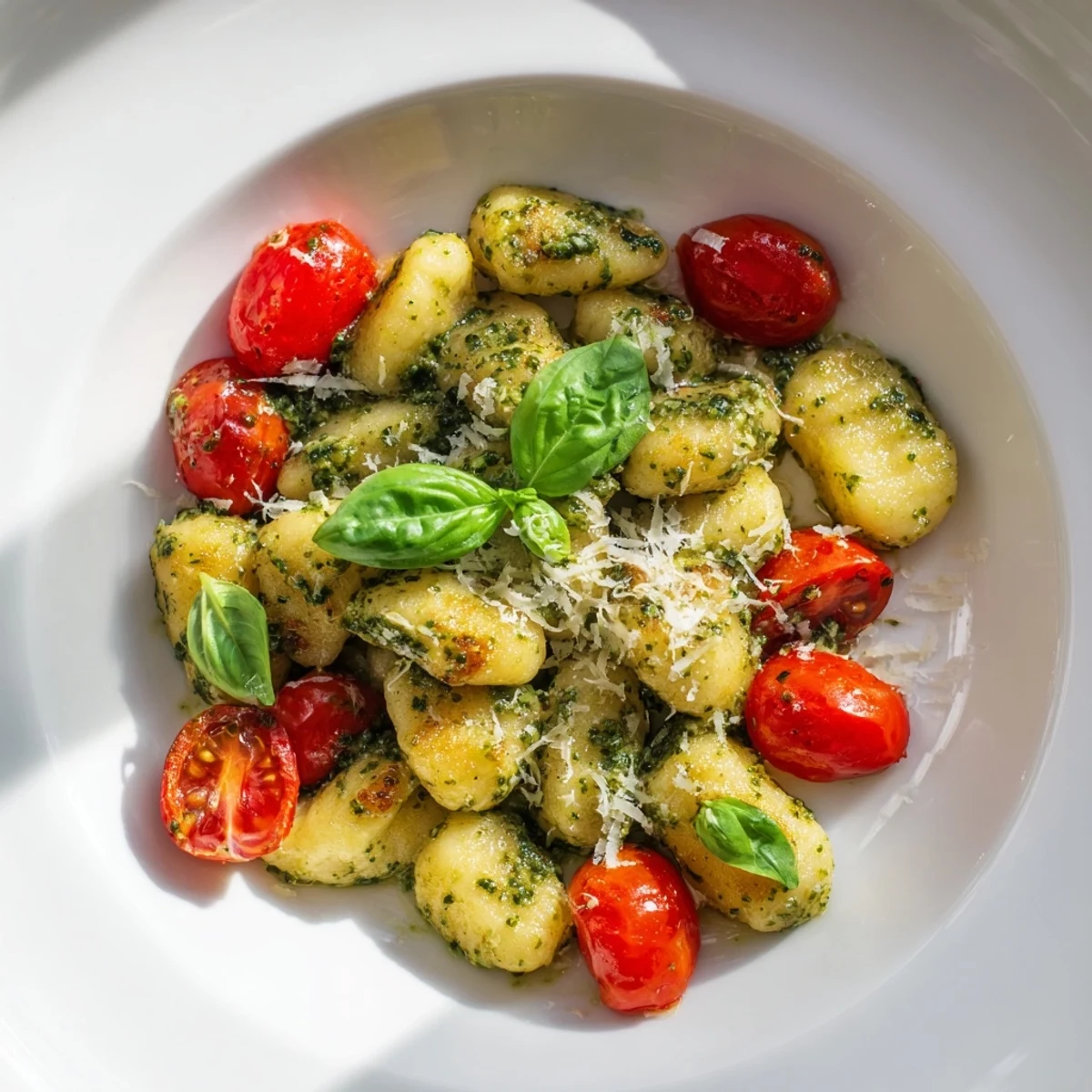 Golden-brown, pan-fried Crispy Gnocchi with Pesto, glistening with fresh pesto and juicy cherry tomatoes.