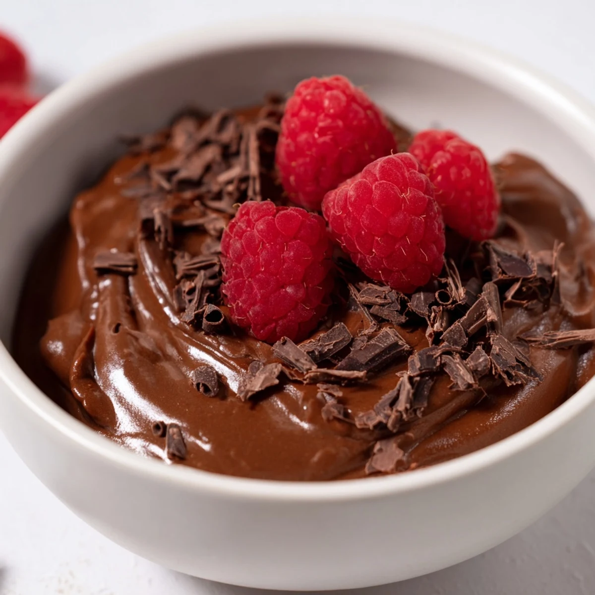 A close-up of creamy, dark Chocolate Avocado Mousse, a healthy vegan treat with cocoa.