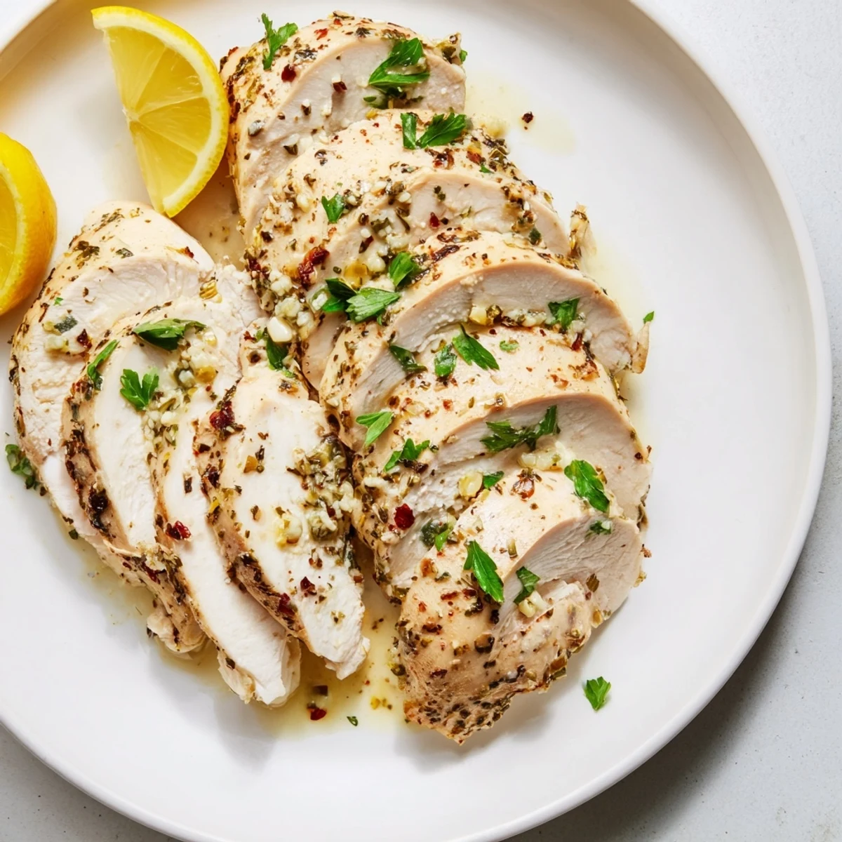 Tender Greek Yogurt Chicken, baked to golden perfection, served with fresh parsley and lemon wedges.