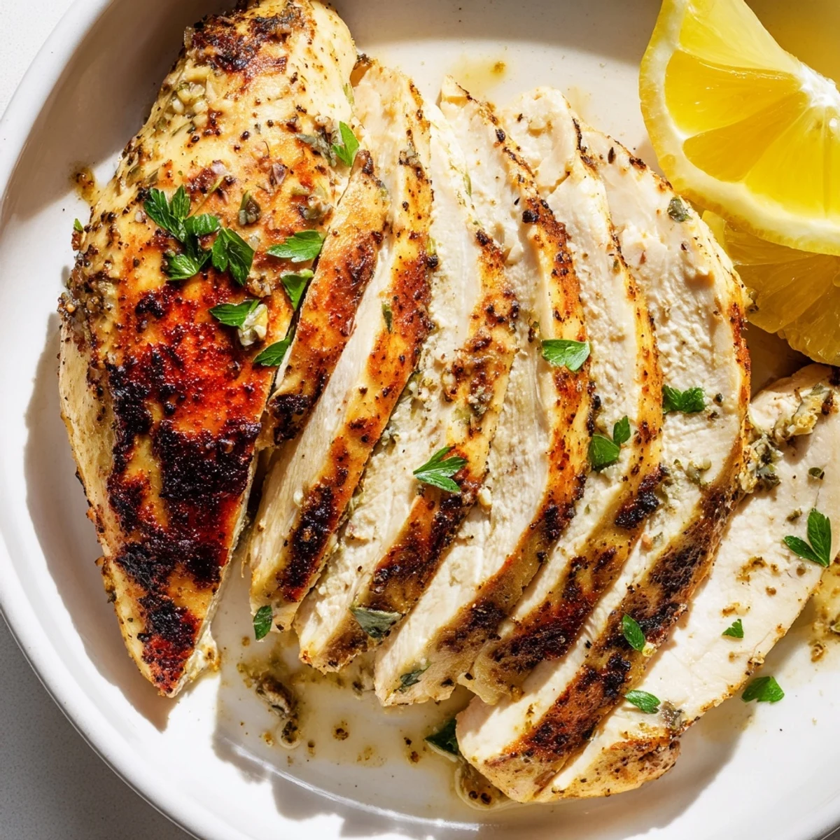 Close-up of baked Greek Yogurt Chicken, showcasing its flavorful, tender texture ready to devour.