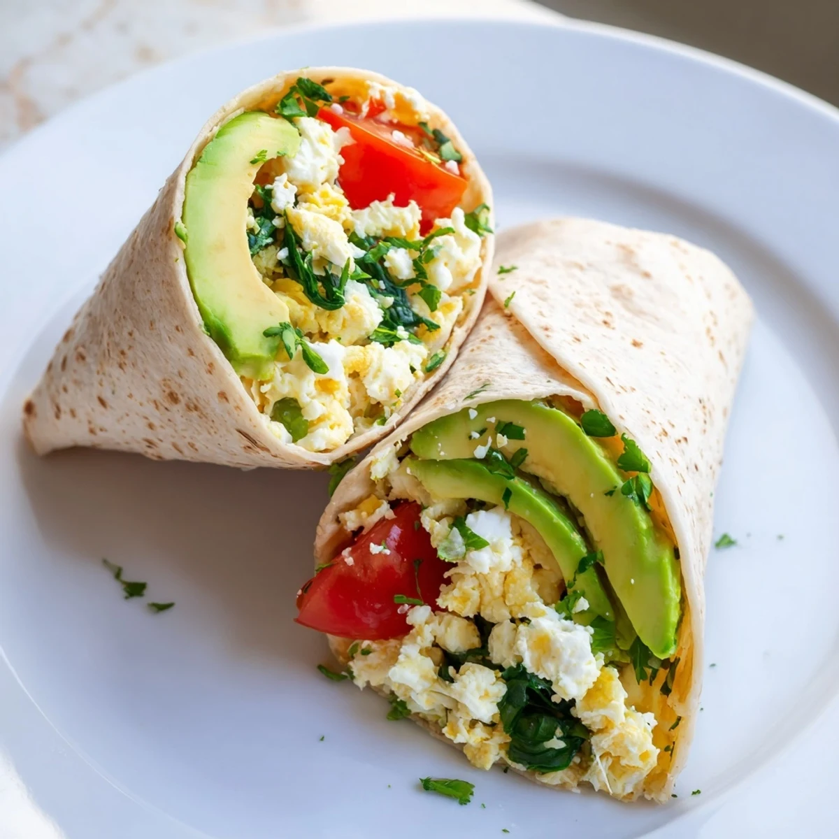 Golden feta egg wrap, filled with spinach, tomatoes, and creamy feta, ready to devour for breakfast.