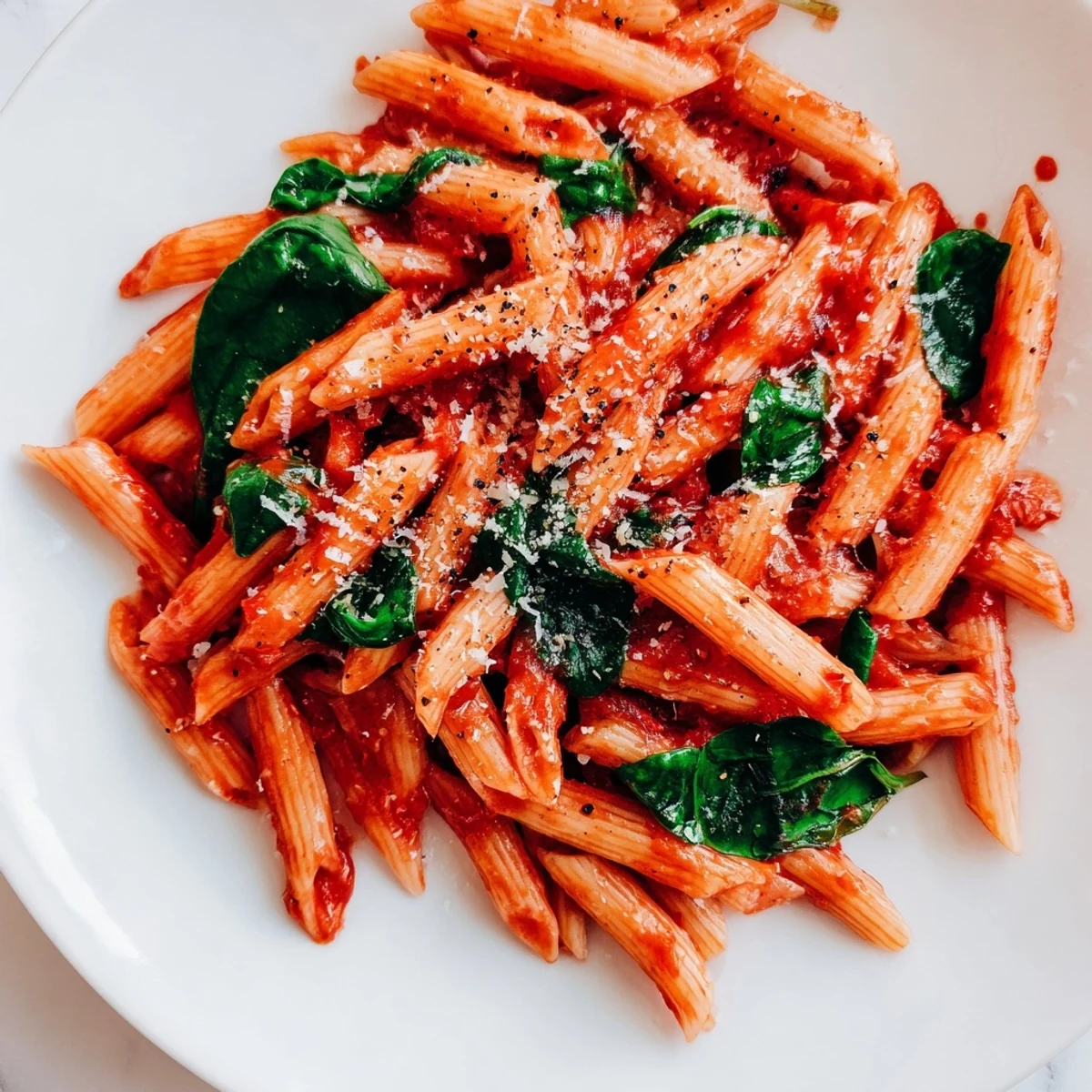 Quick Marinara Pasta with Spinach served in a bowl, steam rising off the fresh, vibrant dish.