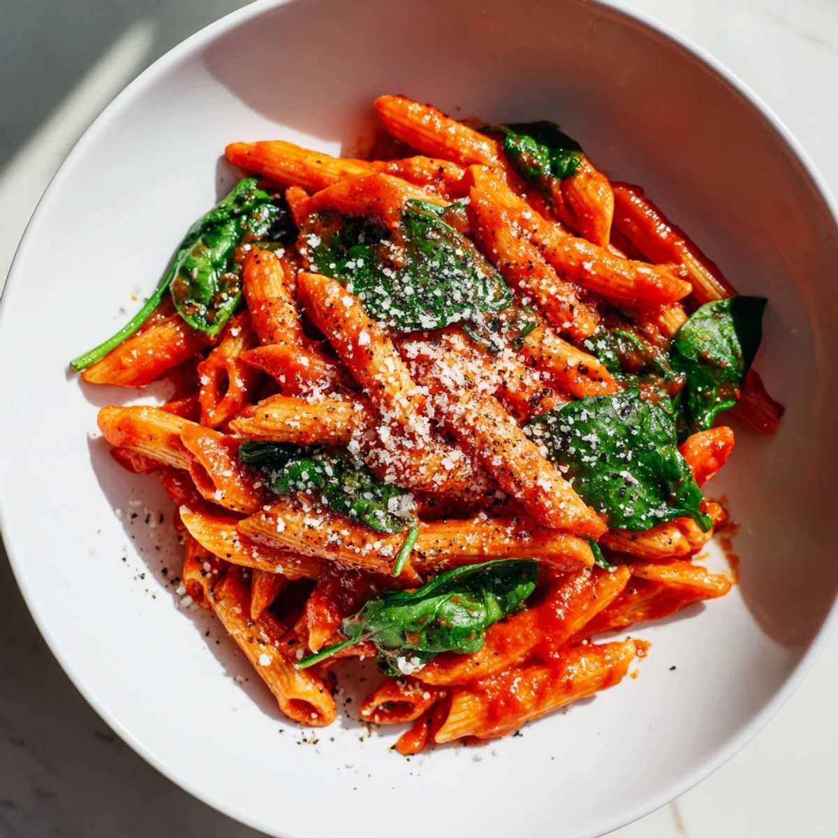 A steaming skillet of Quick Marinara Pasta with Spinach, ready to serve with Parmesan and basil.