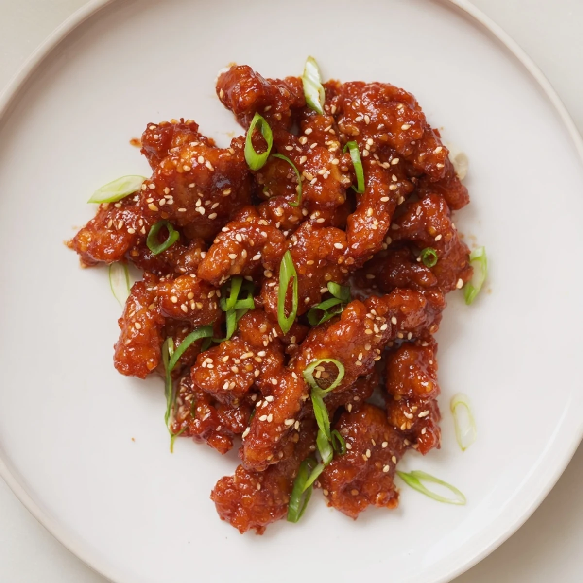 Sweet and Spicy Sriracha Honey Chicken glistening on a plate, ready to enjoy with rice and vegetables.