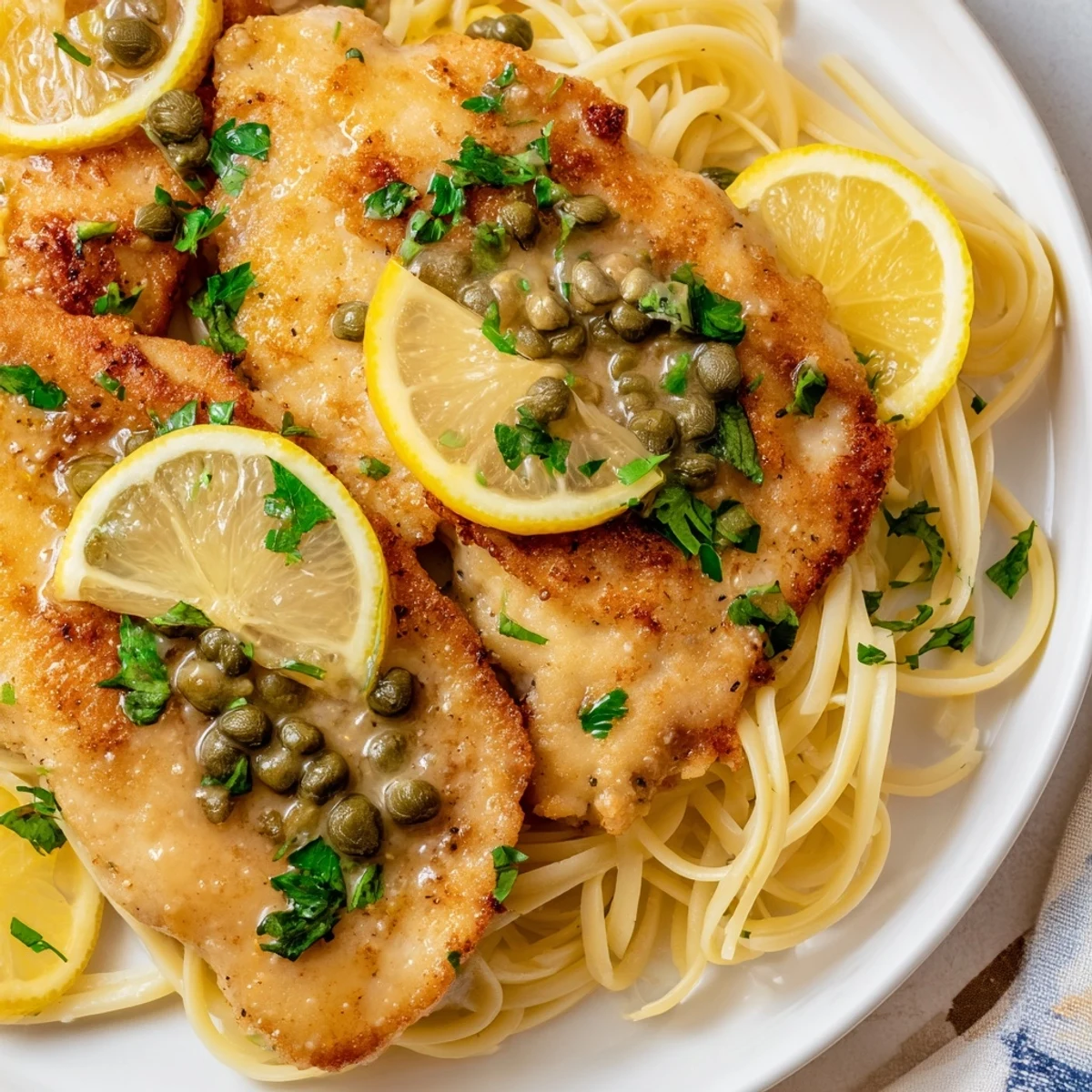 Golden-brown Quick Chicken Piccata Pasta with vibrant lemon sauce and capers, ready to enjoy.