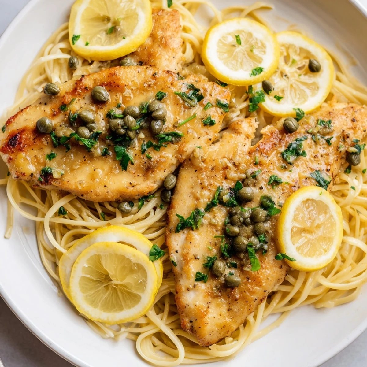 Close-up: Delicious Quick Chicken Piccata Pasta, showcasing juicy chicken and flavorful, tangy sauce.