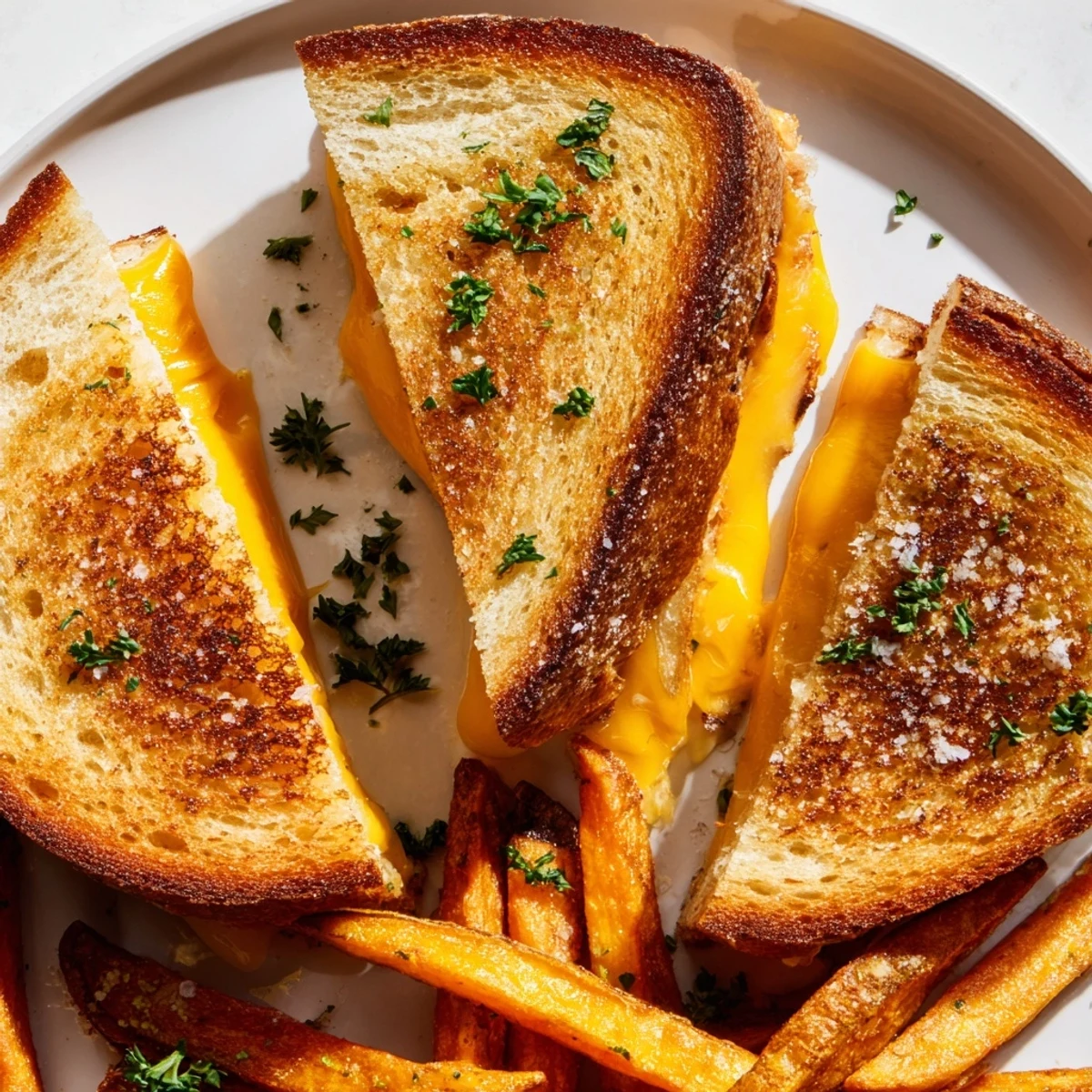Golden Beef Tallow French Fries Grilled Cheese, perfectly crispy fries beside a gooey, cheesy sandwich on a warm plate.