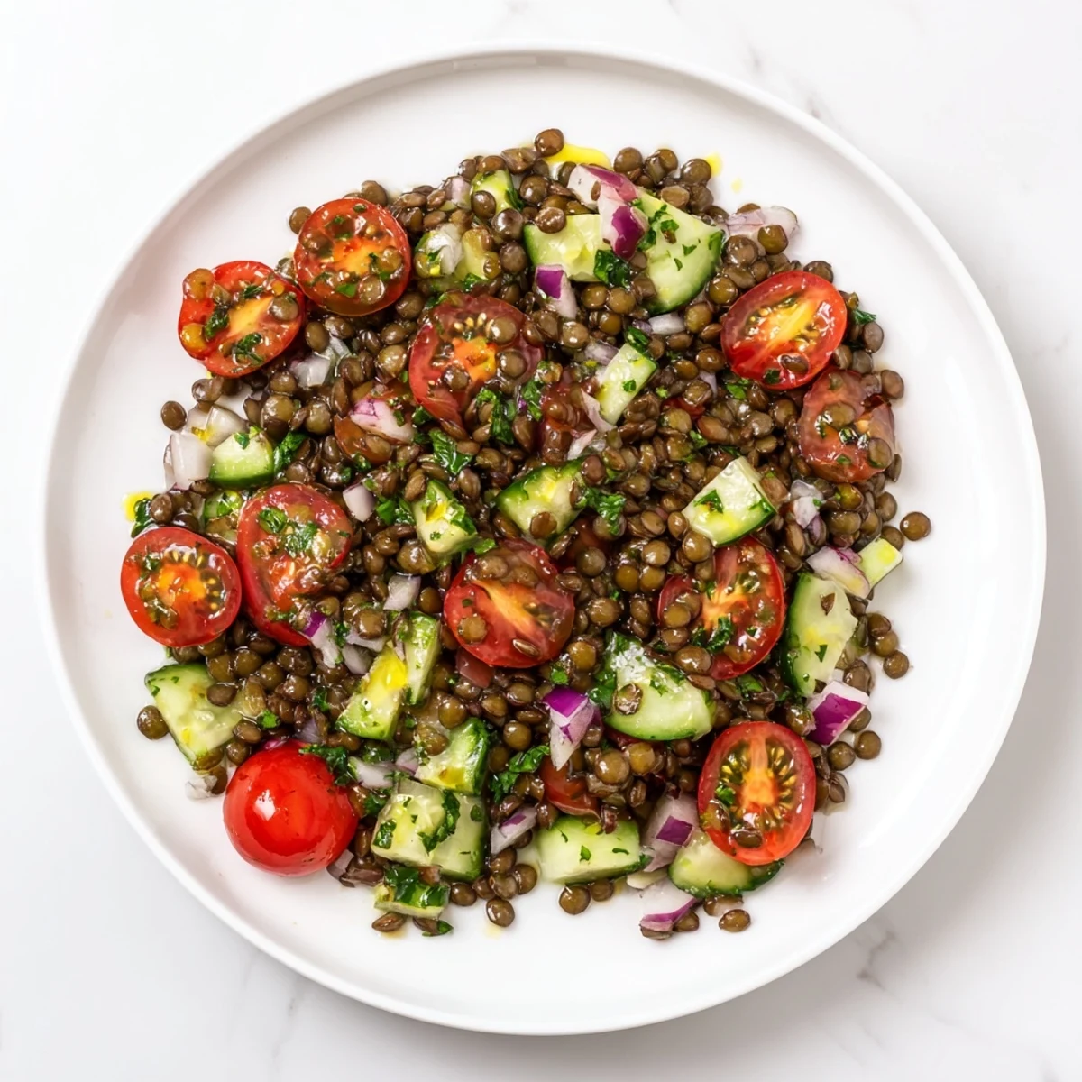 Beautiful bowl of Lentil Salad, showcasing plump lentils, colorful veggies, and zesty dressing.